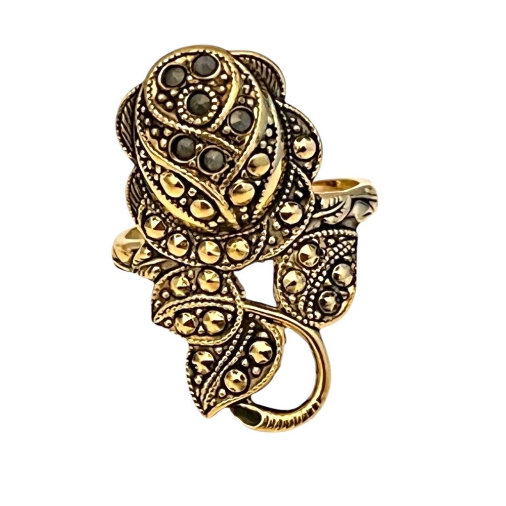 Vintage 1960s Ring Size 8 Clark & Coombs Rose Art Deco Revival Marcasite - 14X